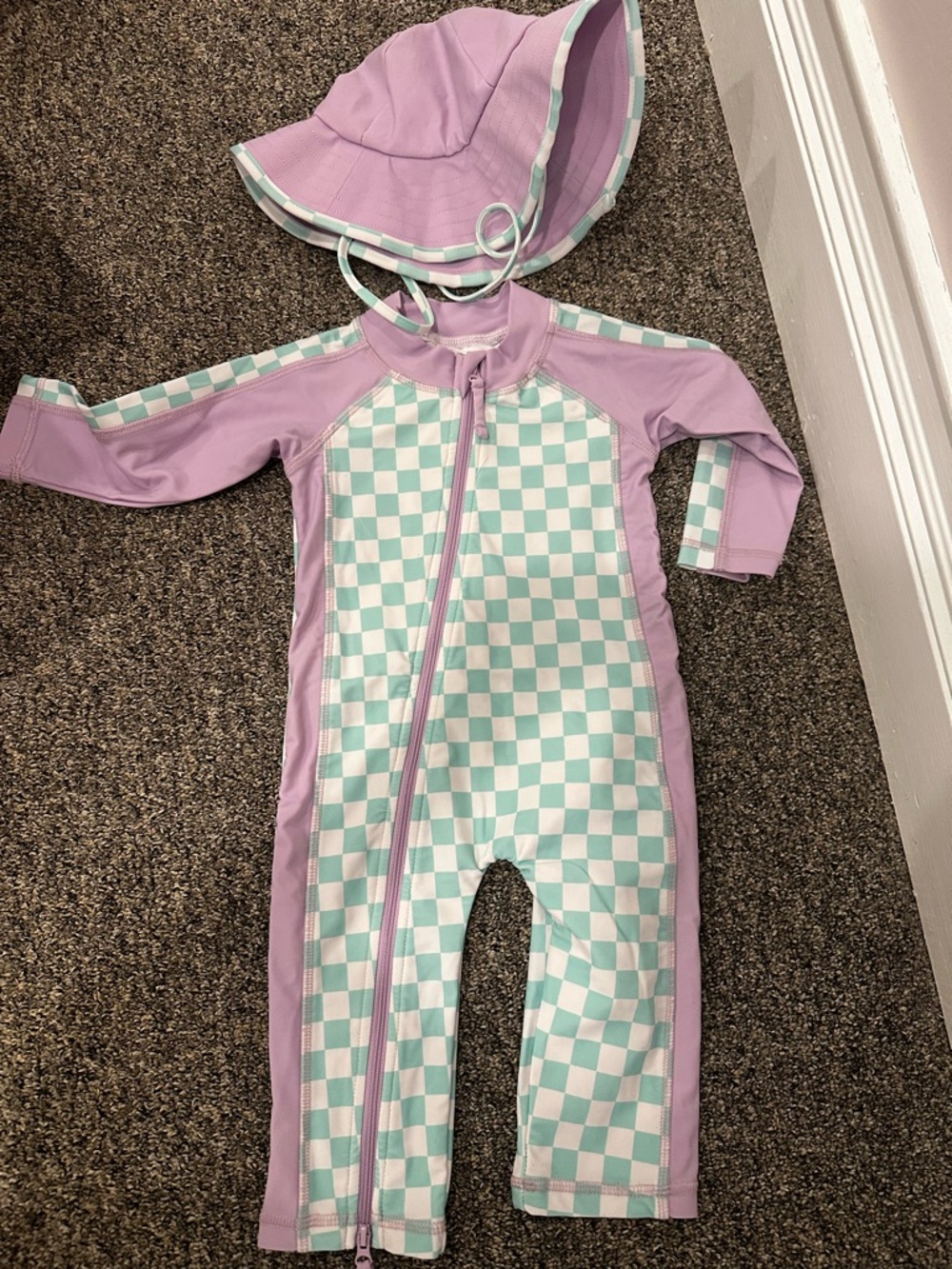 Caden Lane Lavender & Mint Checker One-Piece Swimsuit with Sun Hat